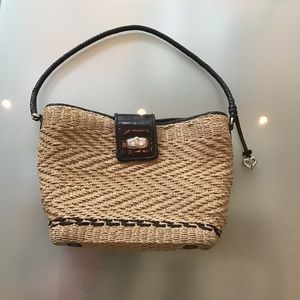 Brighton Water Lily Tan Straw Black Moc Croc Leather Shoulder Purse Bag Tote